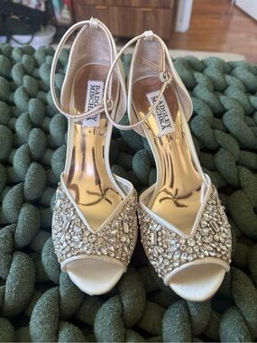 Badgley Mischka Ivory Crystal Peep-Toe Ankle-Strap Heels